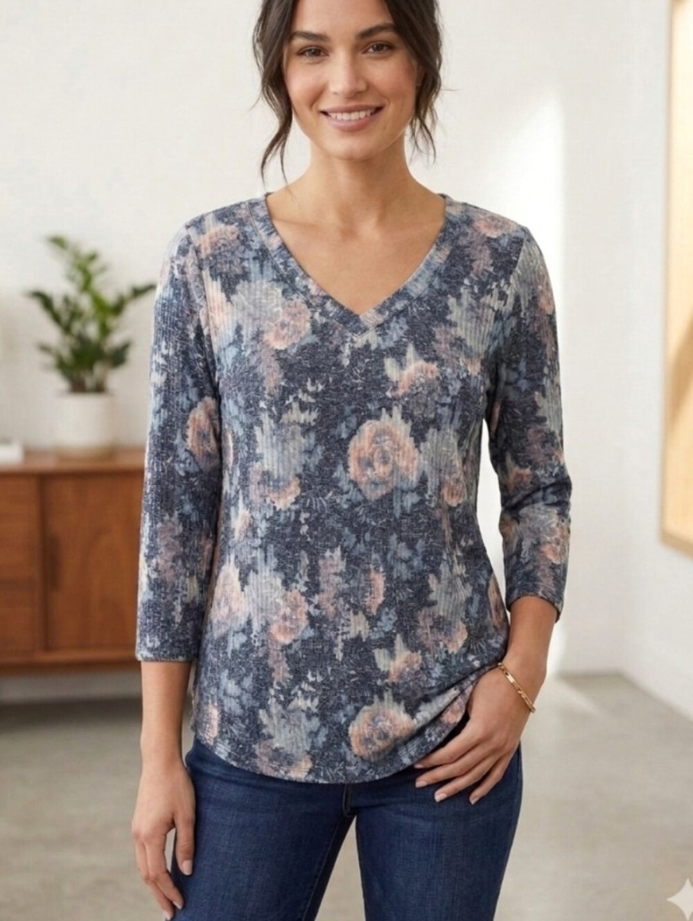 Almost Famous Navy Floral Long-Sleeve Crisscross V-Neck Top NWT Size XL